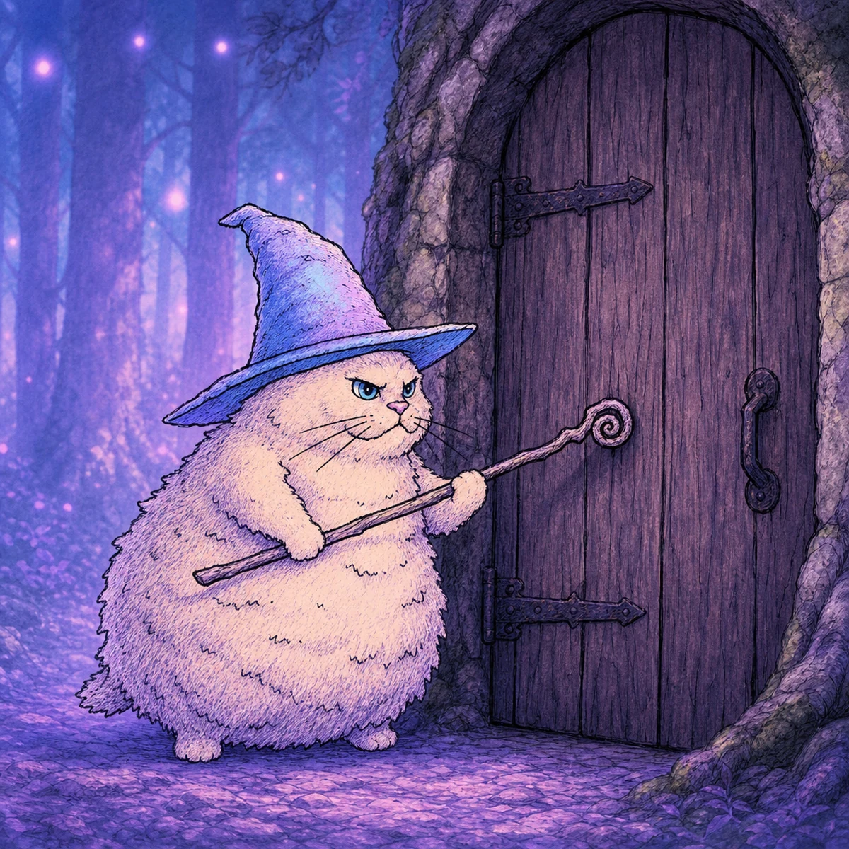 Magic Cat poking a closed door with his staff