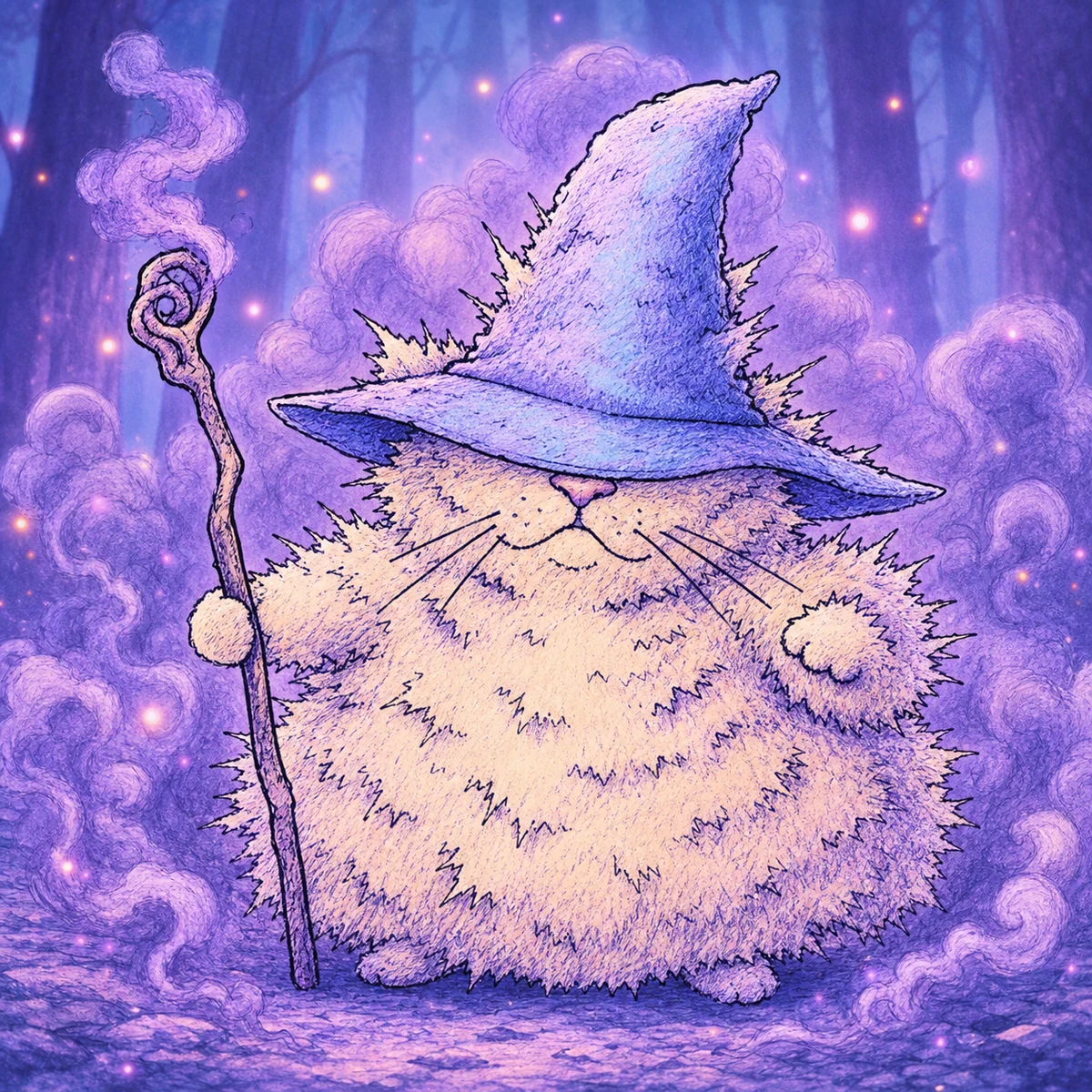 Magic Cat in purple smoke with his hat over his eyes