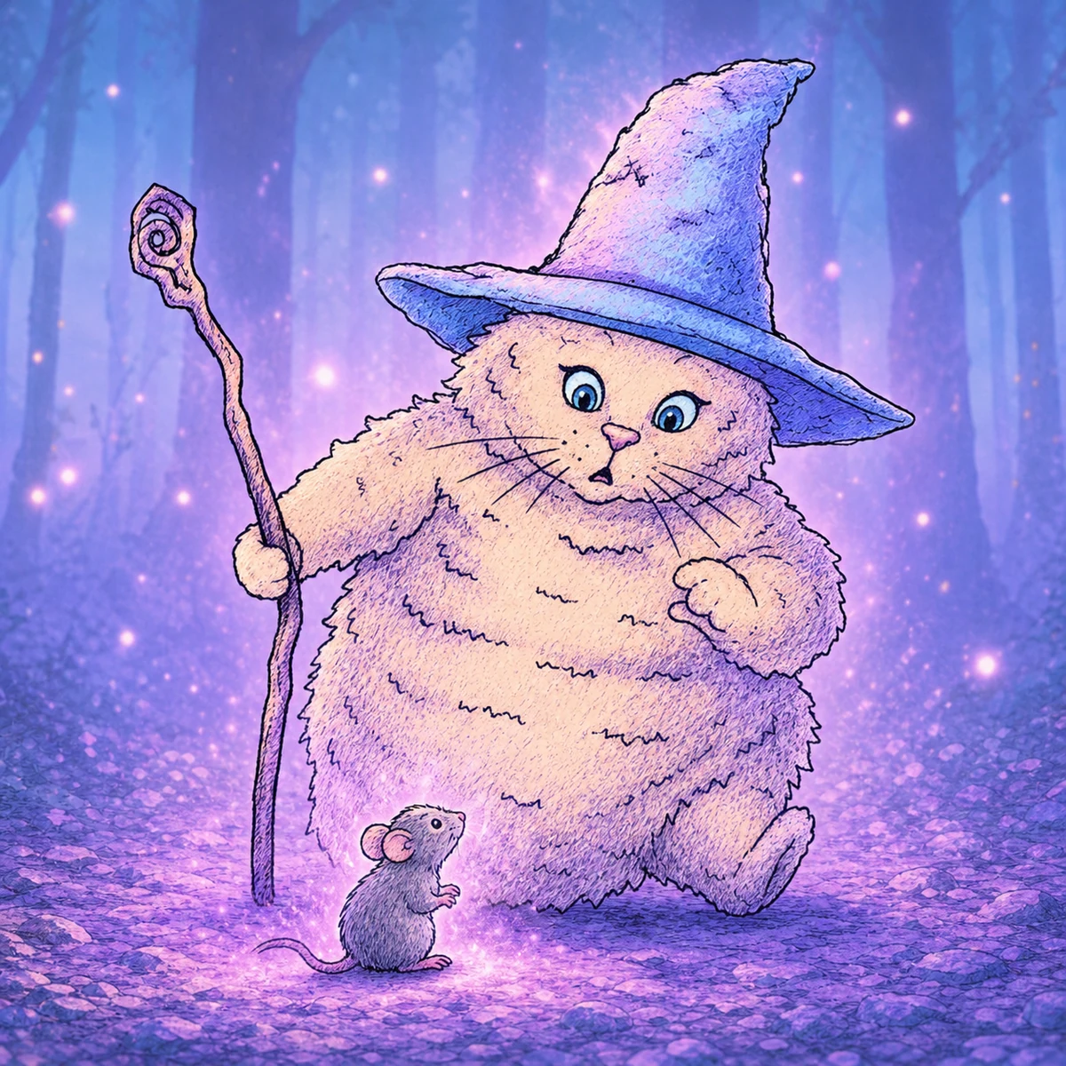 A mouse sitting calmly in front of Magic Cat