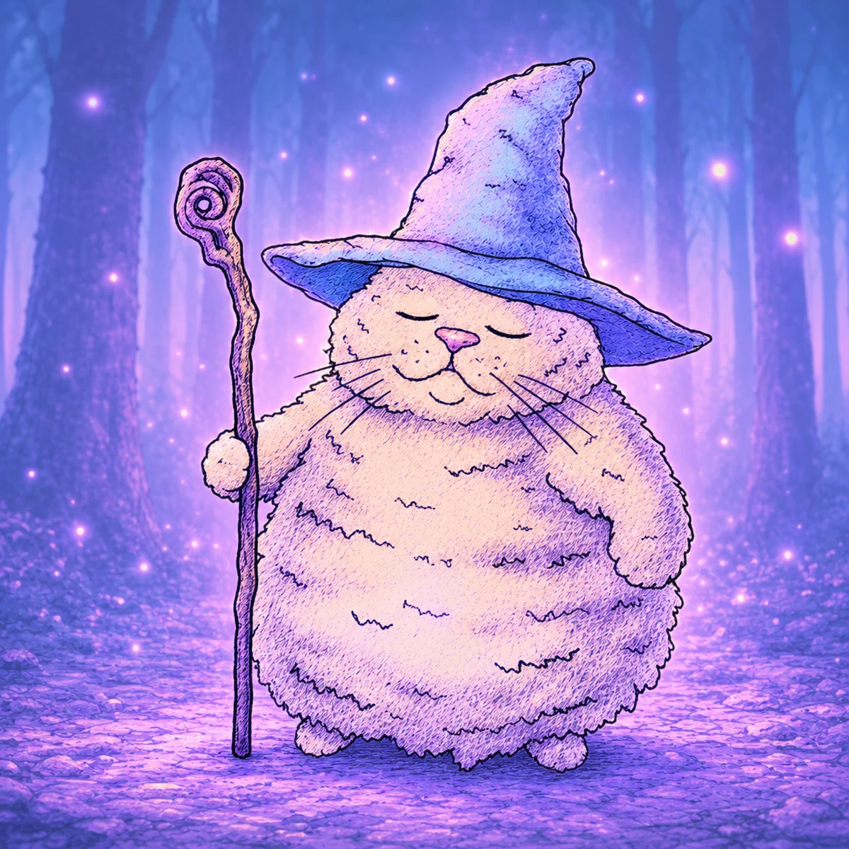 Magic Cat asleep standing up, still holding his staff