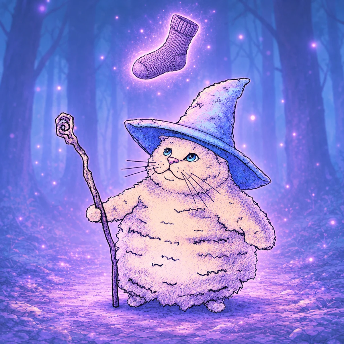 A knitted sock floating above Magic Cat